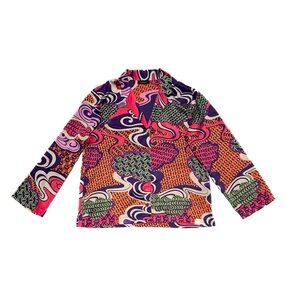 Natori Japanese Print Colorful Abstract Satin Long Sleeve Button Down Shirt